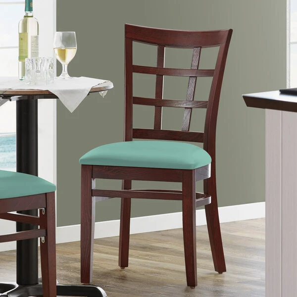 Lancaster Table & Seating Mahogany Finish Wooden Window Back Chair With Seafoam Padded Seat 3 Lancaster Table & Seating Mahogany Finish Wooden Window Back Chair With Seafoam Padded Seat