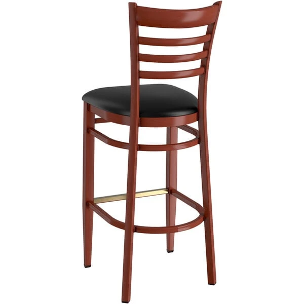 LT&S Spartan Series Lancaster Table & Seating Spartan Series Bar Height Metal Ladder Back Chair With Mahogany Wood Grain Finish And Black Vinyl Seat 5 LT&S Spartan Series Lancaster Table & Seating Spartan Series Bar Height Metal Ladder Back Chair With Mahogany Wood Grain Finish And Black Vinyl Seat - Image 3