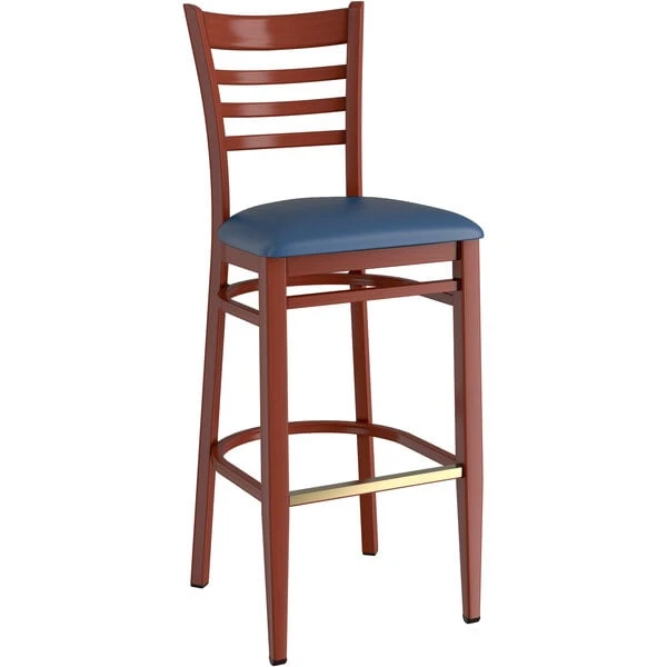 LT&S Spartan Series Lancaster Table & Seating Spartan Series Bar Height Metal Ladder Back Chair With Mahogany Wood Grain Finish And Navy Vinyl Seat 4 LT&S Spartan Series Lancaster Table & Seating Spartan Series Bar Height Metal Ladder Back Chair With Mahogany Wood Grain Finish And Navy Vinyl Seat - Image 2