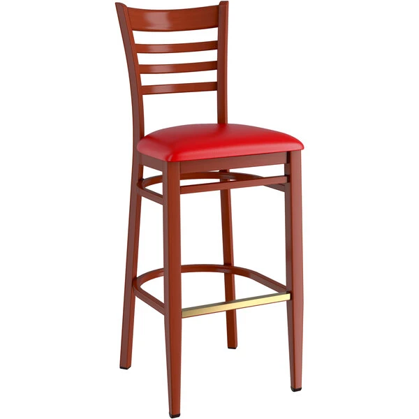 LT&S Spartan Series Lancaster Table & Seating Spartan Series Bar Height Metal Ladder Back Chair With Mahogany Wood Grain Finish And Red Vinyl Seat 3 LT&S Spartan Series Lancaster Table & Seating Spartan Series Bar Height Metal Ladder Back Chair With Mahogany Wood Grain Finish And Red Vinyl Seat - Image 2