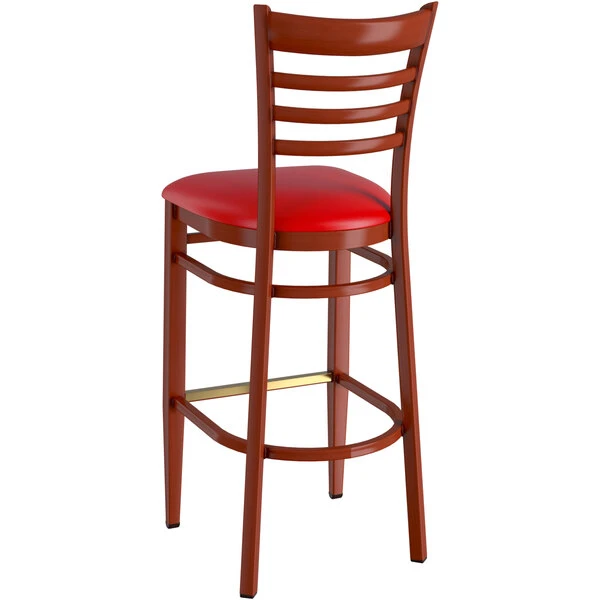 LT&S Spartan Series Lancaster Table & Seating Spartan Series Bar Height Metal Ladder Back Chair With Mahogany Wood Grain Finish And Red Vinyl Seat 4 LT&S Spartan Series Lancaster Table & Seating Spartan Series Bar Height Metal Ladder Back Chair With Mahogany Wood Grain Finish And Red Vinyl Seat - Image 3
