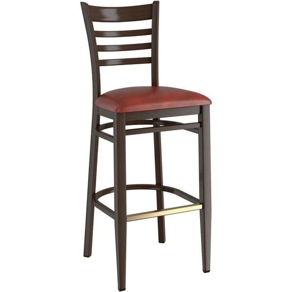 LT&S Spartan Series Lancaster Table & Seating Spartan Series Bar Height Metal Ladder Back Chair With Walnut Wood Grain Finish And Burgundy Vinyl Seat 4 LT&S Spartan Series Lancaster Table & Seating Spartan Series Bar Height Metal Ladder Back Chair With Walnut Wood Grain Finish And Burgundy Vinyl Seat - Image 2