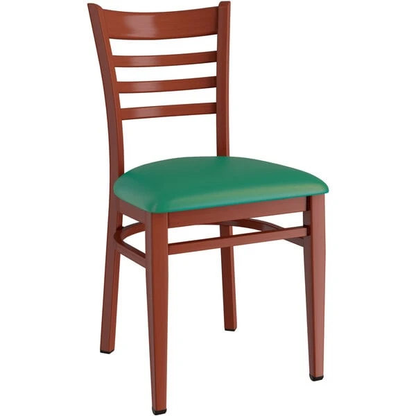 LT&S Spartan Series Lancaster Table & Seating Spartan Series Metal Ladder Back Chair With Mahogany Wood Grain Finish And Green Vinyl Seat 4 LT&S Spartan Series Lancaster Table & Seating Spartan Series Metal Ladder Back Chair With Mahogany Wood Grain Finish And Green Vinyl Seat - Image 2