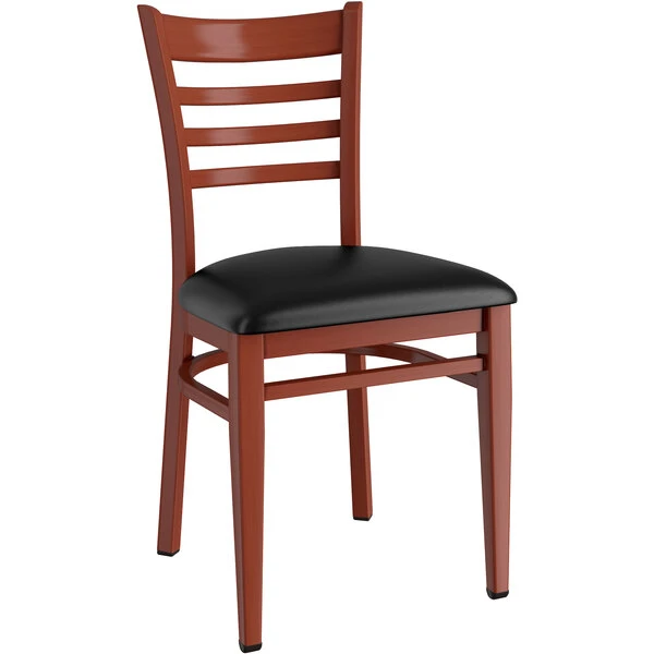 LT&S Spartan Series Lancaster Table & Seating Spartan Series Metal Ladder Back Chair With Mahogany Wood Grain Finish And Black Vinyl Seat 4 LT&S Spartan Series Lancaster Table & Seating Spartan Series Metal Ladder Back Chair With Mahogany Wood Grain Finish And Black Vinyl Seat - Image 2