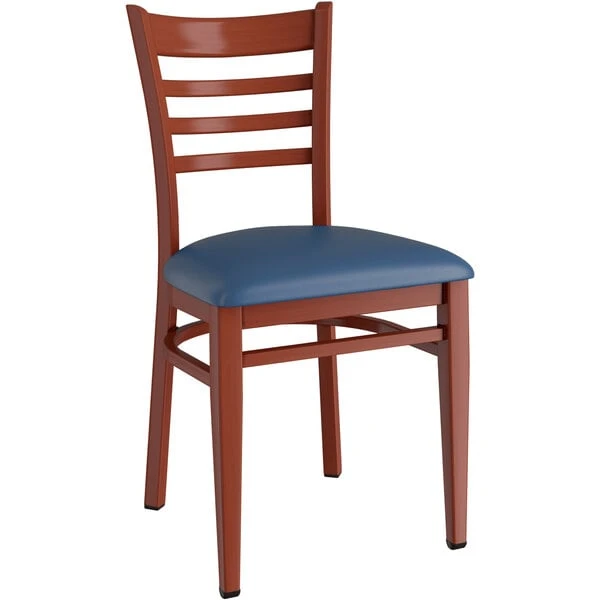 LT&S Spartan Series Lancaster Table & Seating Spartan Series Metal Ladder Back Chair With Mahogany Wood Grain Finish And Navy Vinyl Seat 4 LT&S Spartan Series Lancaster Table & Seating Spartan Series Metal Ladder Back Chair With Mahogany Wood Grain Finish And Navy Vinyl Seat - Image 2