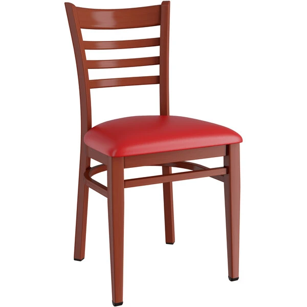 LT&S Spartan Series Lancaster Table & Seating Spartan Series Metal Ladder Back Chair With Mahogany Wood Grain Finish And Red Vinyl Seat 4 LT&S Spartan Series Lancaster Table & Seating Spartan Series Metal Ladder Back Chair With Mahogany Wood Grain Finish And Red Vinyl Seat - Image 2