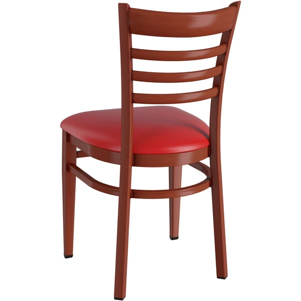 LT&S Spartan Series Lancaster Table & Seating Spartan Series Metal Ladder Back Chair With Mahogany Wood Grain Finish And Red Vinyl Seat 5 LT&S Spartan Series Lancaster Table & Seating Spartan Series Metal Ladder Back Chair With Mahogany Wood Grain Finish And Red Vinyl Seat - Image 3