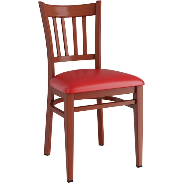 LT&S Spartan Series Lancaster Table & Seating Spartan Series Metal Slat Back Chair With Mahogany Wood Grain Finish And Red Vinyl Seat 4 LT&S Spartan Series Lancaster Table & Seating Spartan Series Metal Slat Back Chair With Mahogany Wood Grain Finish And Red Vinyl Seat - Image 2