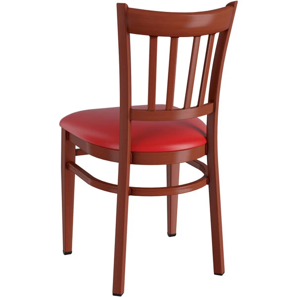 LT&S Spartan Series Lancaster Table & Seating Spartan Series Metal Slat Back Chair With Mahogany Wood Grain Finish And Red Vinyl Seat 5 LT&S Spartan Series Lancaster Table & Seating Spartan Series Metal Slat Back Chair With Mahogany Wood Grain Finish And Red Vinyl Seat - Image 3