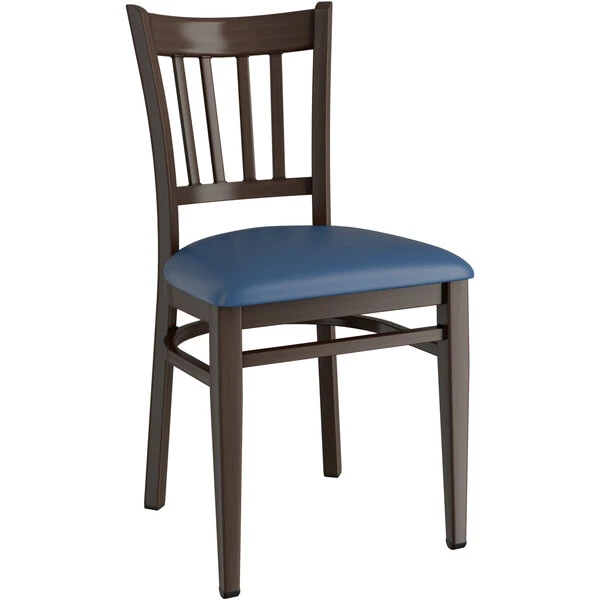 LT&S Spartan Series Lancaster Table & Seating Spartan Series Metal Slat Back Chair With Walnut Wood Grain Finish And Navy Vinyl Seat 4 LT&S Spartan Series Lancaster Table & Seating Spartan Series Metal Slat Back Chair With Walnut Wood Grain Finish And Navy Vinyl Seat - Image 2