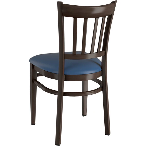 LT&S Spartan Series Lancaster Table & Seating Spartan Series Metal Slat Back Chair With Walnut Wood Grain Finish And Navy Vinyl Seat 5 LT&S Spartan Series Lancaster Table & Seating Spartan Series Metal Slat Back Chair With Walnut Wood Grain Finish And Navy Vinyl Seat - Image 3
