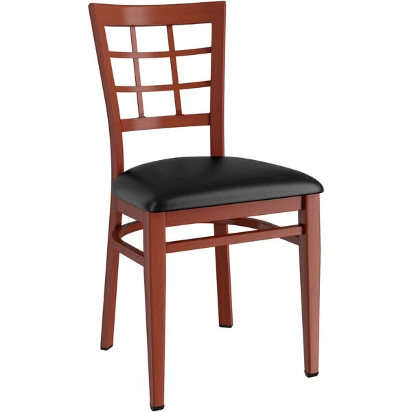 LT&S Spartan Series Lancaster Table & Seating Spartan Series Metal Window Back Chair With Mahogany Wood Grain Finish And Black Vinyl Seat 4 LT&S Spartan Series Lancaster Table & Seating Spartan Series Metal Window Back Chair With Mahogany Wood Grain Finish And Black Vinyl Seat - Image 2
