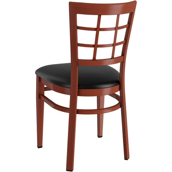 LT&S Spartan Series Lancaster Table & Seating Spartan Series Metal Window Back Chair With Mahogany Wood Grain Finish And Black Vinyl Seat 5 LT&S Spartan Series Lancaster Table & Seating Spartan Series Metal Window Back Chair With Mahogany Wood Grain Finish And Black Vinyl Seat - Image 3