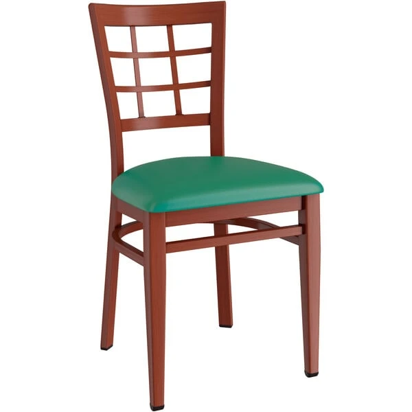 LT&S Spartan Series Lancaster Table & Seating Spartan Series Metal Window Back Chair With Mahogany Wood Grain Finish And Green Vinyl Seat 4 LT&S Spartan Series Lancaster Table & Seating Spartan Series Metal Window Back Chair With Mahogany Wood Grain Finish And Green Vinyl Seat - Image 2