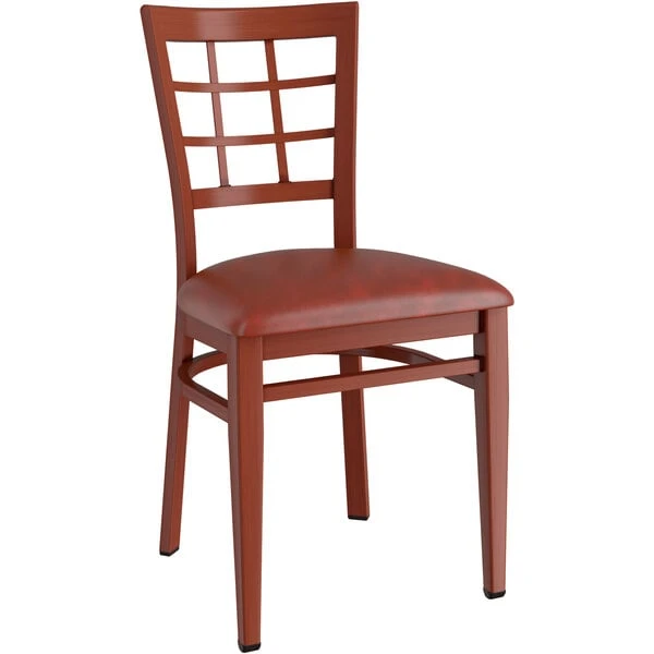 LT&S Spartan Series Lancaster Table & Seating Spartan Series Metal Window Back Chair With Mahogany Wood Grain Finish And Burgundy Vinyl Seat 4 LT&S Spartan Series Lancaster Table & Seating Spartan Series Metal Window Back Chair With Mahogany Wood Grain Finish And Burgundy Vinyl Seat - Image 2