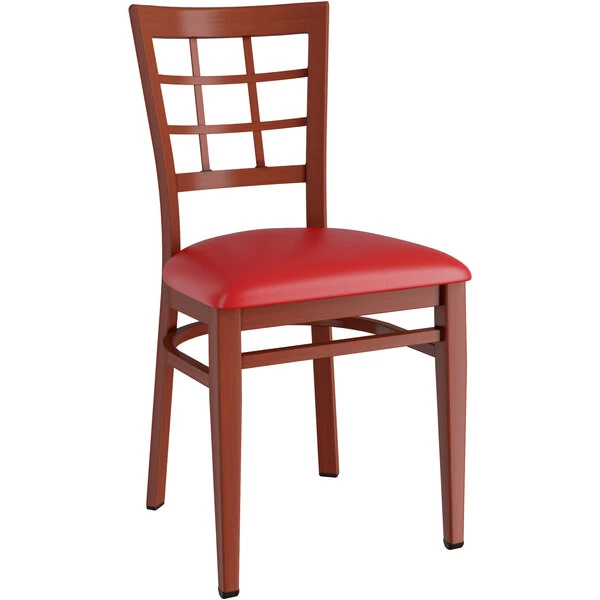 LT&S Spartan Series Lancaster Table & Seating Spartan Series Metal Window Back Chair With Mahogany Wood Grain Finish And Red Vinyl Seat 4 LT&S Spartan Series Lancaster Table & Seating Spartan Series Metal Window Back Chair With Mahogany Wood Grain Finish And Red Vinyl Seat - Image 2
