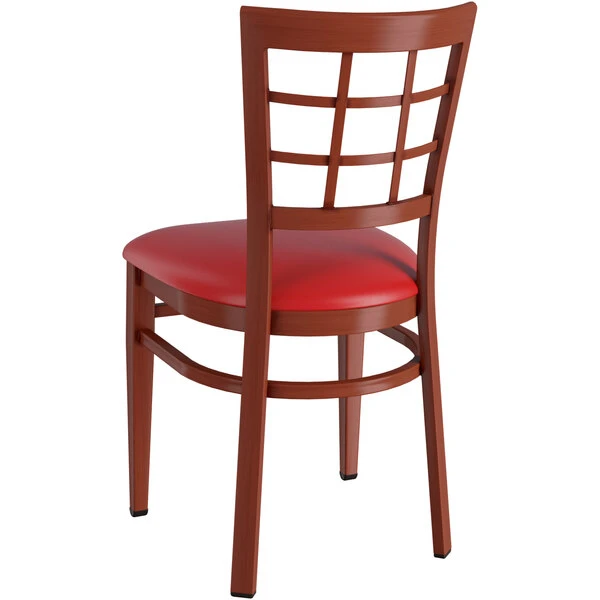 LT&S Spartan Series Lancaster Table & Seating Spartan Series Metal Window Back Chair With Mahogany Wood Grain Finish And Red Vinyl Seat 5 LT&S Spartan Series Lancaster Table & Seating Spartan Series Metal Window Back Chair With Mahogany Wood Grain Finish And Red Vinyl Seat - Image 3