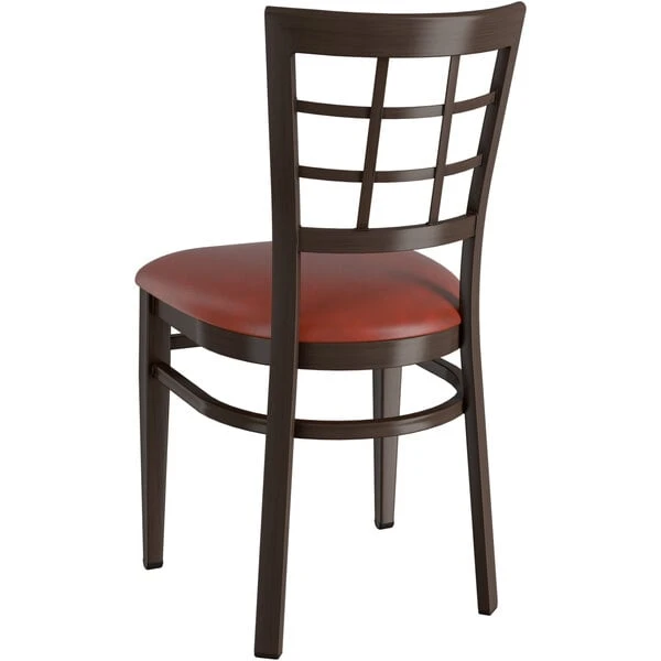 LT&S Spartan Series Lancaster Table & Seating Spartan Series Metal Window Back Chair With Walnut Wood Grain Finish And Burgundy Vinyl Seat 5 LT&S Spartan Series Lancaster Table & Seating Spartan Series Metal Window Back Chair With Walnut Wood Grain Finish And Burgundy Vinyl Seat - Image 3