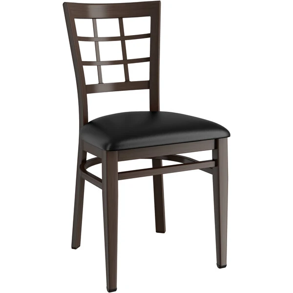 LT&S Spartan Series Lancaster Table & Seating Spartan Series Metal Window Back Chair With Walnut Wood Grain Finish And Black Vinyl Seat 4 LT&S Spartan Series Lancaster Table & Seating Spartan Series Metal Window Back Chair With Walnut Wood Grain Finish And Black Vinyl Seat - Image 2