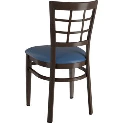 LT&S Spartan Series Lancaster Table & Seating Spartan Series Metal Window Back Chair With Walnut Wood Grain Finish And Navy Vinyl Seat -BFM Seating sHOP 2371499