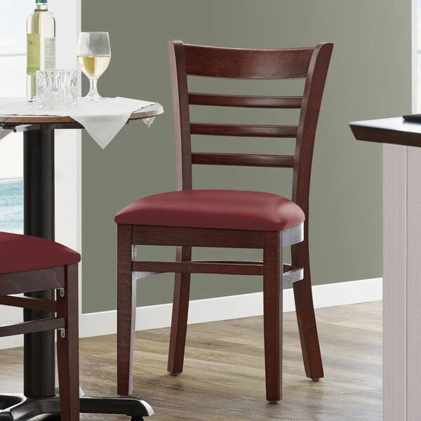 Lancaster Table & Seating Mahogany Finish Wooden Ladder Back Chair With 2 1/2" Burgundy Padded Seat 3 Lancaster Table & Seating Mahogany Finish Wooden Ladder Back Chair With 2 1/2" Burgundy Padded Seat