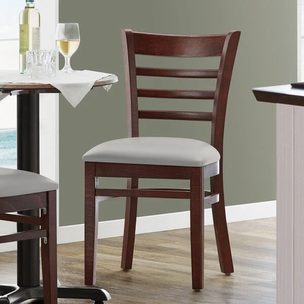 Lancaster Table & Seating Mahogany Finish Wooden Ladder Back Chair With Light Gray Padded Seat 2 Lancaster Table & Seating Mahogany Finish Wooden Ladder Back Chair With Light Gray Padded Seat