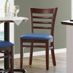 Lancaster Table & Seating Mahogany Finish Wooden Ladder Back Chair With 2 1/2" Navy Padded Seat
