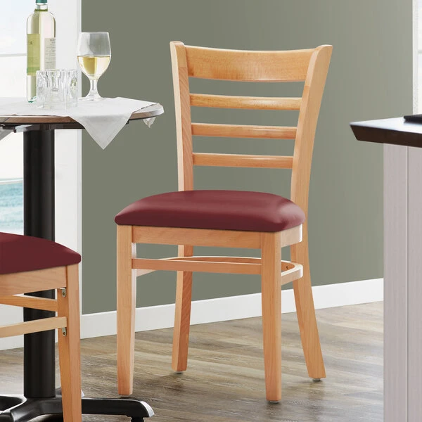 Lancaster Table & Seating Natural Finish Wooden Ladder Back Chair With 2 1/2" Burgundy Padded Seat 3 Lancaster Table & Seating Natural Finish Wooden Ladder Back Chair With 2 1/2" Burgundy Padded Seat