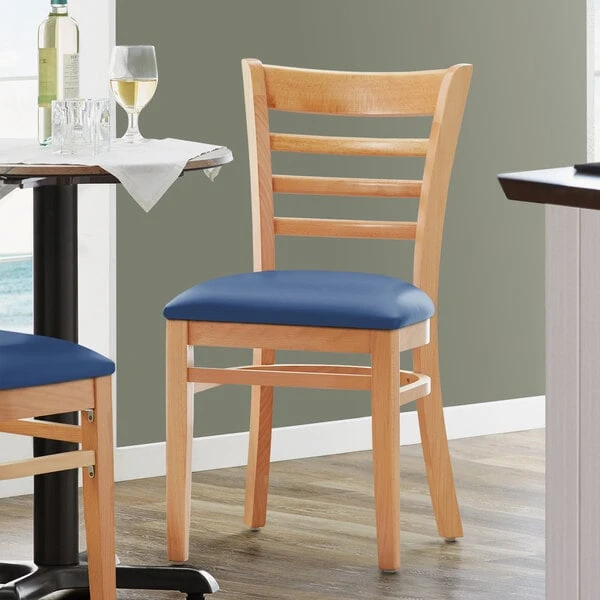 Lancaster Table & Seating Natural Finish Wooden Ladder Back Chair With 2 1/2" Navy Padded Seat 3 Lancaster Table & Seating Natural Finish Wooden Ladder Back Chair With 2 1/2" Navy Padded Seat