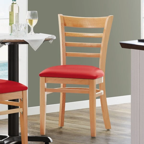 Lancaster Table & Seating Natural Finish Wooden Ladder Back Chair With 2 1/2" Red Padded Seat 3 Lancaster Table & Seating Natural Finish Wooden Ladder Back Chair With 2 1/2" Red Padded Seat