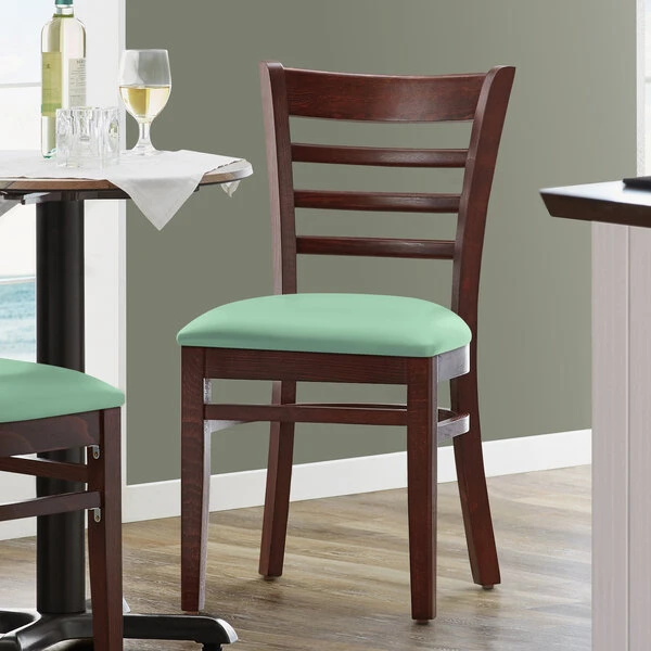 Lancaster Table & Seating Mahogany Finish Wooden Ladder Back Chair With Seafoam Padded Seat 3 Lancaster Table & Seating Mahogany Finish Wooden Ladder Back Chair With Seafoam Padded Seat