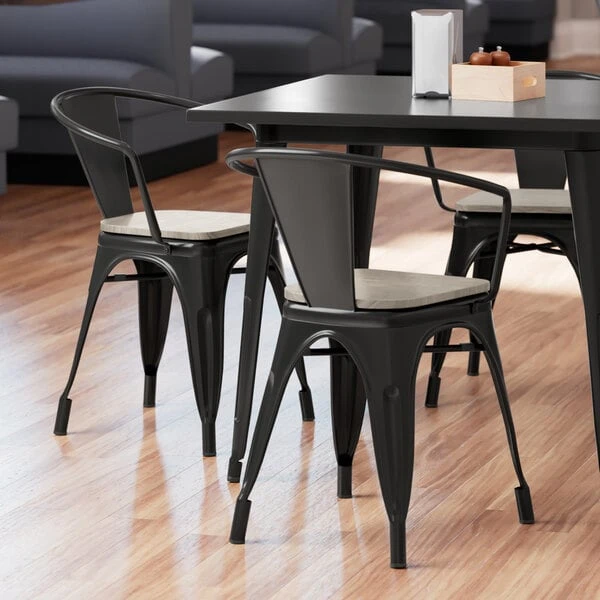 LT&S Alloy Series Lancaster Table & Seating Alloy Series Black Metal Indoor Industrial Cafe Arm Chair With Vertical Slat Back And Gray Wood Seat 3 LT&S Alloy Series Lancaster Table & Seating Alloy Series Black Metal Indoor Industrial Cafe Arm Chair With Vertical Slat Back And Gray Wood Seat