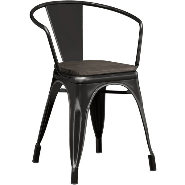LT&S Alloy Series Lancaster Table & Seating Alloy Series Distressed Black Metal Indoor Industrial Cafe Arm Chair With Black Wooden Seat 4 LT&S Alloy Series Lancaster Table & Seating Alloy Series Distressed Black Metal Indoor Industrial Cafe Arm Chair With Black Wooden Seat - Image 2