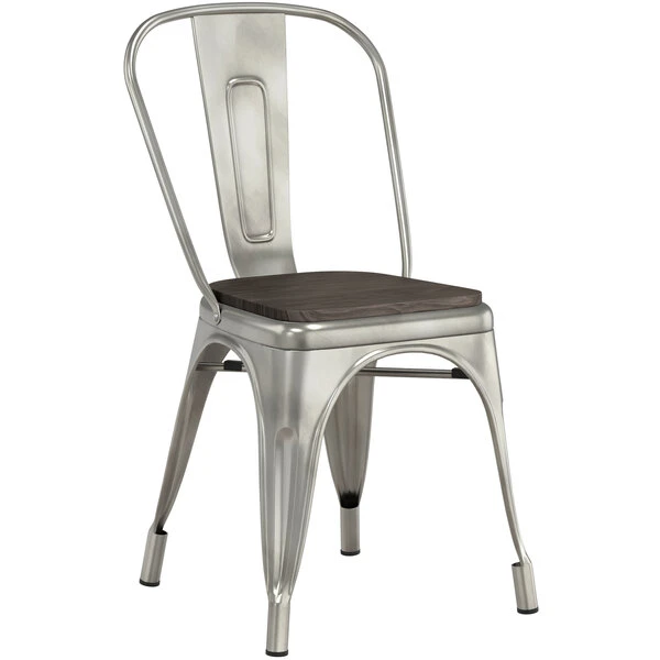 LT&S Alloy Series Lancaster Table & Seating Alloy Series Clear Coated Metal Indoor Industrial Cafe Chair With Vertical Slat Back And Black Wood Seat 4 LT&S Alloy Series Lancaster Table & Seating Alloy Series Clear Coated Metal Indoor Industrial Cafe Chair With Vertical Slat Back And Black Wood Seat - Image 2