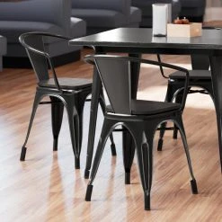 LT&S Alloy Series Lancaster Table & Seating Alloy Series Distressed Black Metal Indoor Industrial Cafe Arm Chair With Black Wooden Seat