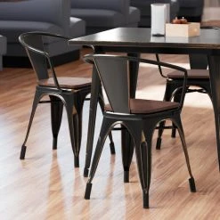 LT&S Alloy Series Lancaster Table & Seating Alloy Series Distressed Copper Metal Indoor Industrial Cafe Arm Chair With Vertical Slat Back And Walnut Wood Seat