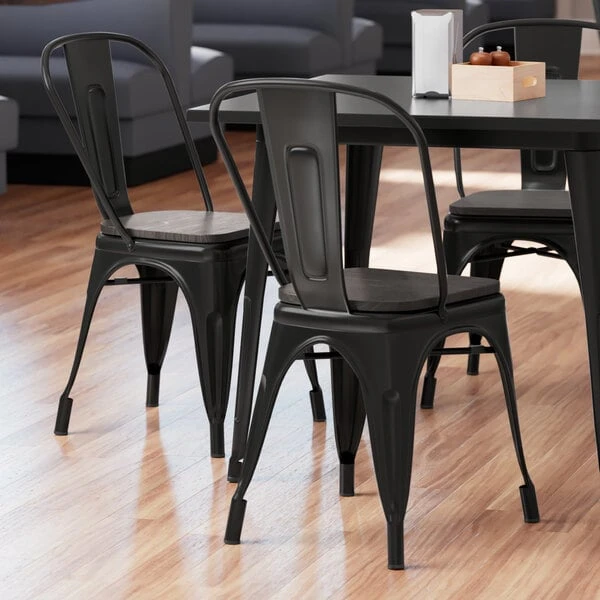 LT&S Alloy Series Lancaster Table & Seating Alloy Series Black Metal Indoor Industrial Cafe Chair With Vertical Slat Back And Black Wood Seat 3 LT&S Alloy Series Lancaster Table & Seating Alloy Series Black Metal Indoor Industrial Cafe Chair With Vertical Slat Back And Black Wood Seat