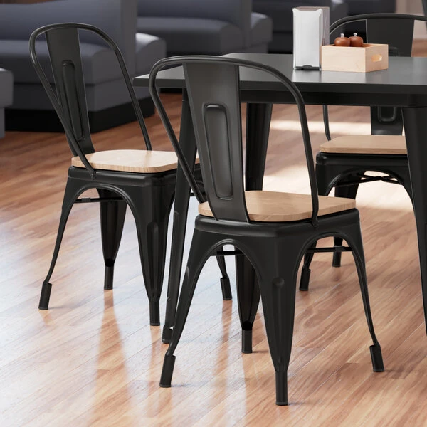 LT&S Alloy Series Lancaster Table & Seating Alloy Series Black Metal Indoor Industrial Cafe Chair With Vertical Slat Back And Natural Wood Seat 3 LT&S Alloy Series Lancaster Table & Seating Alloy Series Black Metal Indoor Industrial Cafe Chair With Vertical Slat Back And Natural Wood Seat
