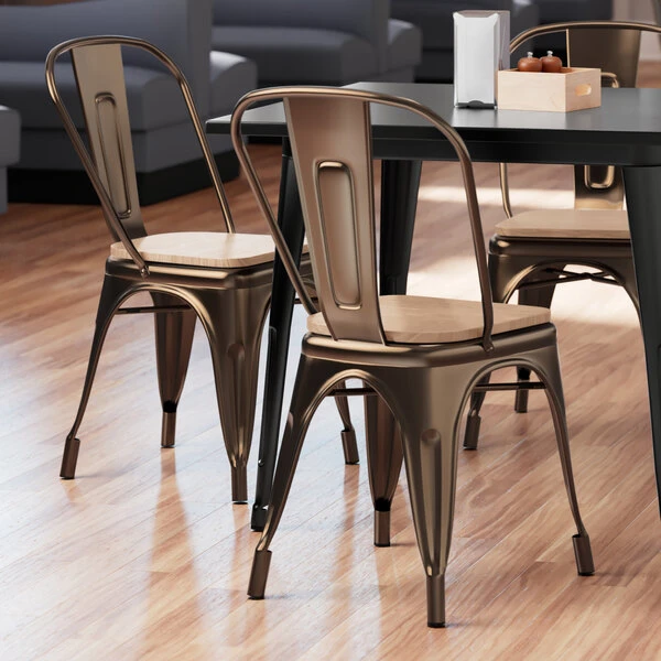 LT&S Alloy Series Lancaster Table & Seating Alloy Series Copper Metal Indoor Industrial Cafe Chair With Vertical Slat Back And Natural Wood Seat 3 LT&S Alloy Series Lancaster Table & Seating Alloy Series Copper Metal Indoor Industrial Cafe Chair With Vertical Slat Back And Natural Wood Seat