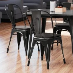 LT&S Alloy Series Lancaster Table & Seating Alloy Series Distressed Black Metal Indoor Industrial Cafe Chair With Vertical Slat Back And Black Wood Seat