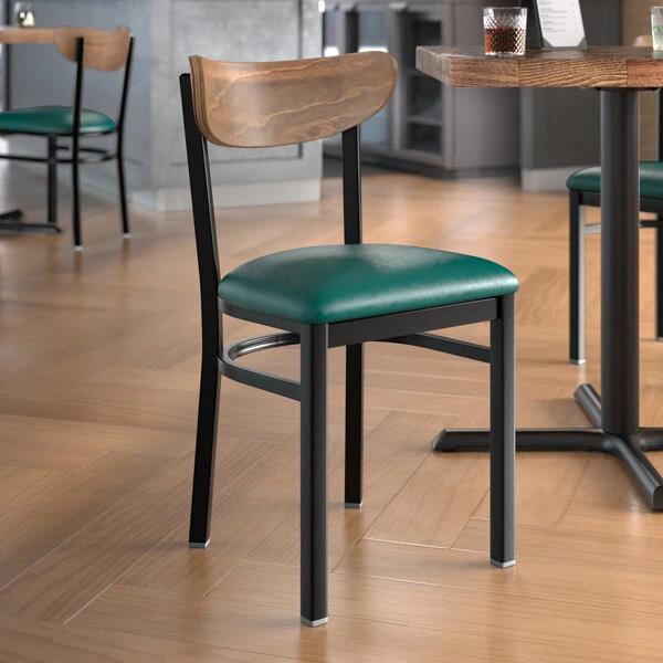 LT&S Boomerang Series Lancaster Table & Seating Boomerang Black Finish Chair With 2 1/2" Green Vinyl Padded Seat And Vintage Wood Back 3 LT&S Boomerang Series Lancaster Table & Seating Boomerang Black Finish Chair With 2 1/2" Green Vinyl Padded Seat And Vintage Wood Back