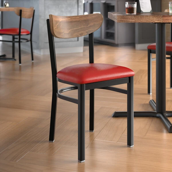 LT&S Boomerang Series Lancaster Table & Seating Boomerang Black Finish Chair With 2 1/2" Red Vinyl Padded Seat And Vintage Wood Back 3 LT&S Boomerang Series Lancaster Table & Seating Boomerang Black Finish Chair With 2 1/2" Red Vinyl Padded Seat And Vintage Wood Back