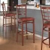 LT&S Spartan Series Lancaster Table & Seating Spartan Series Bar Height Metal Window Back Chair With Mahogany Wood Grain Finish And Burgundy Vinyl Seat