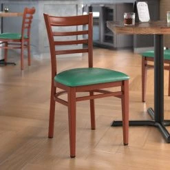 LT&S Spartan Series Lancaster Table & Seating Spartan Series Metal Ladder Back Chair With Mahogany Wood Grain Finish And Green Vinyl Seat