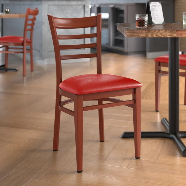 LT&S Spartan Series Lancaster Table & Seating Spartan Series Metal Ladder Back Chair With Mahogany Wood Grain Finish And Red Vinyl Seat 3 LT&S Spartan Series Lancaster Table & Seating Spartan Series Metal Ladder Back Chair With Mahogany Wood Grain Finish And Red Vinyl Seat