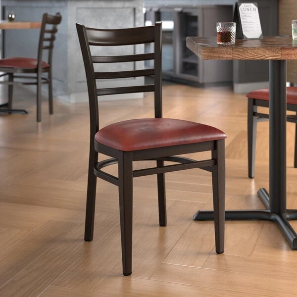 LT&S Spartan Series Lancaster Table & Seating Spartan Series Metal Ladder Back Chair With Walnut Wood Grain Finish And Burgundy Vinyl Seat 3 LT&S Spartan Series Lancaster Table & Seating Spartan Series Metal Ladder Back Chair With Walnut Wood Grain Finish And Burgundy Vinyl Seat