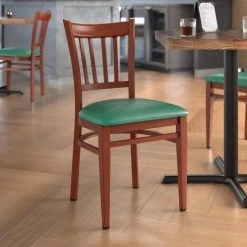 LT&S Spartan Series Lancaster Table & Seating Spartan Series Metal Slat Back Chair With Mahogany Wood Grain Finish And Green Vinyl Seat
