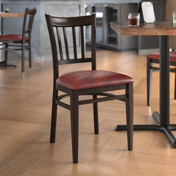 LT&S Spartan Series Lancaster Table & Seating Spartan Series Metal Slat Back Chair With Walnut Wood Grain Finish And Burgundy Vinyl Seat 3 LT&S Spartan Series Lancaster Table & Seating Spartan Series Metal Slat Back Chair With Walnut Wood Grain Finish And Burgundy Vinyl Seat