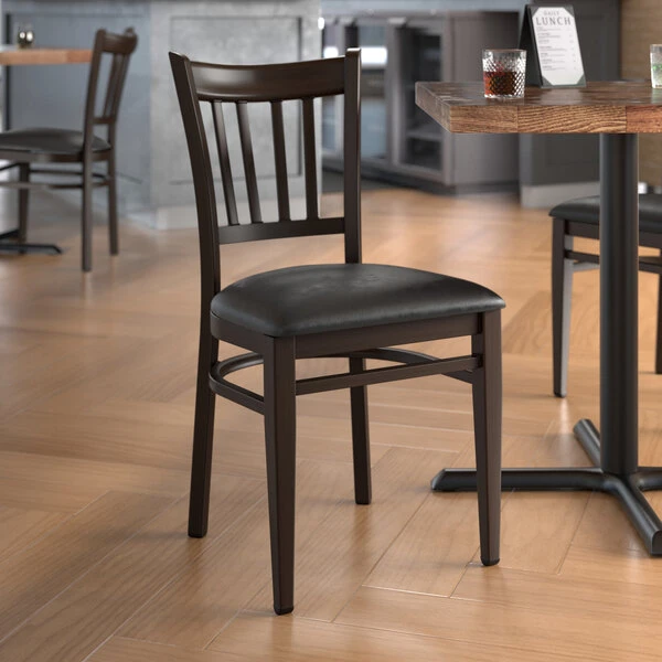 LT&S Spartan Series Lancaster Table & Seating Spartan Series Metal Slat Back Chair With Walnut Wood Grain Finish And Black Vinyl Seat 3 LT&S Spartan Series Lancaster Table & Seating Spartan Series Metal Slat Back Chair With Walnut Wood Grain Finish And Black Vinyl Seat