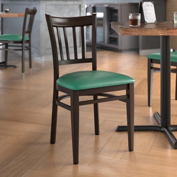 LT&S Spartan Series Lancaster Table & Seating Spartan Series Metal Slat Back Chair With Walnut Wood Grain Finish And Green Vinyl Seat 3 LT&S Spartan Series Lancaster Table & Seating Spartan Series Metal Slat Back Chair With Walnut Wood Grain Finish And Green Vinyl Seat